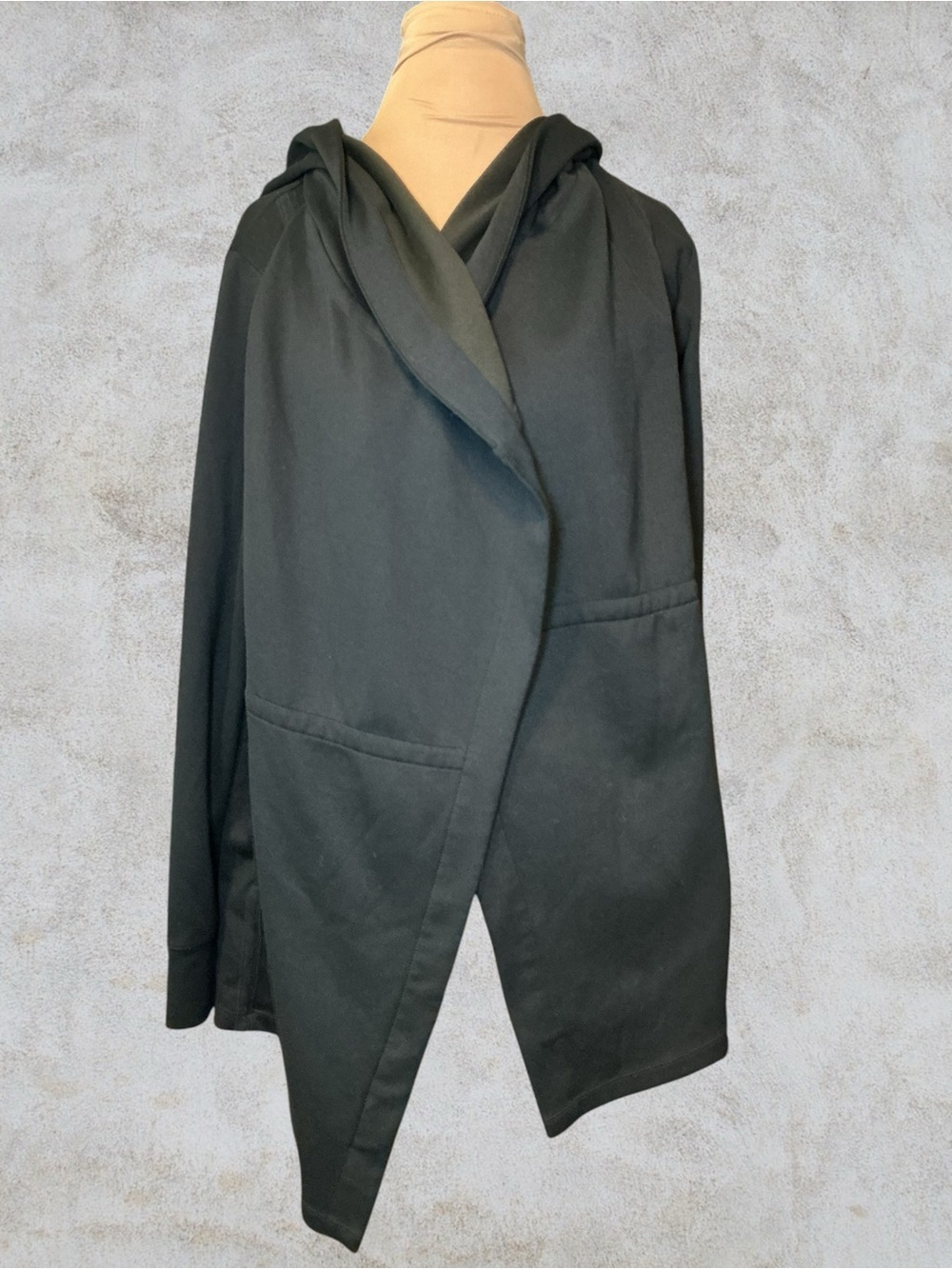 Black Hooded Draped Open-Front Coat